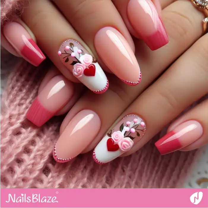 Peach Fuzz French Manicure Flowers and Hearts | Color of the Year 2024 - NB1891
